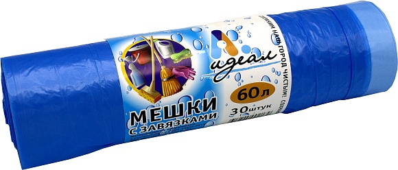Мешки мусорные ПНД 60л 60x70см (12) С завязкой в рулонах (по 30 шт) (голубой) Идеал (х1/30) [упаковка]