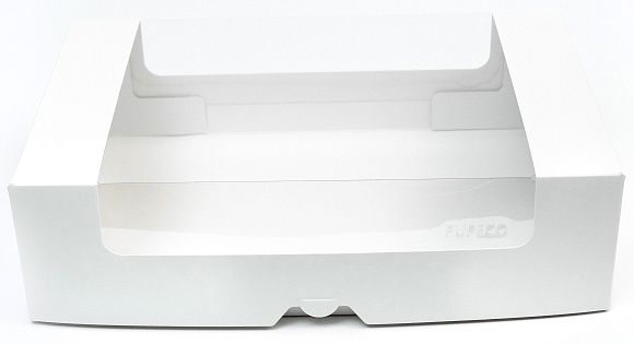 Коробка картонная для пирожных 280х185х75мм С круговым окном, самосборная цвет Белый (х1/25)
